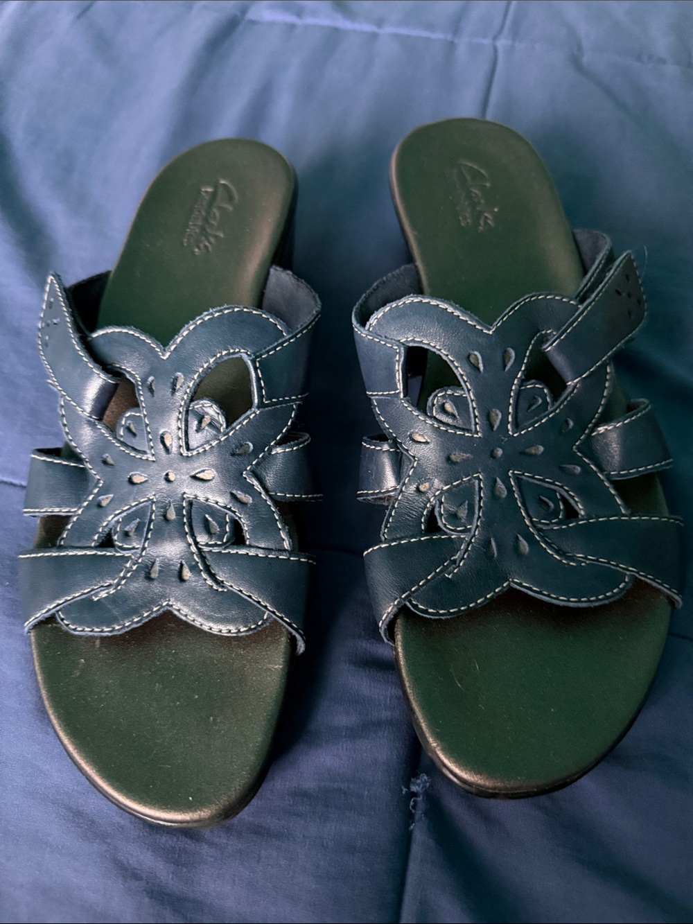 Clarks Women's Navy Blue Decorative Leather Slide Mules